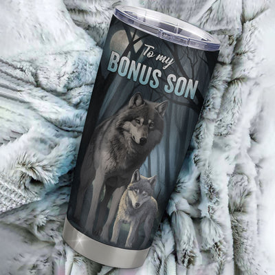 Personalized To My Bonus Son Tumbler From Stepfather Stainless Steel Cup Never Feel That You Are Alone Wolf Stepson Birthday Graduation Christmas Travel Mug | siriusteestore