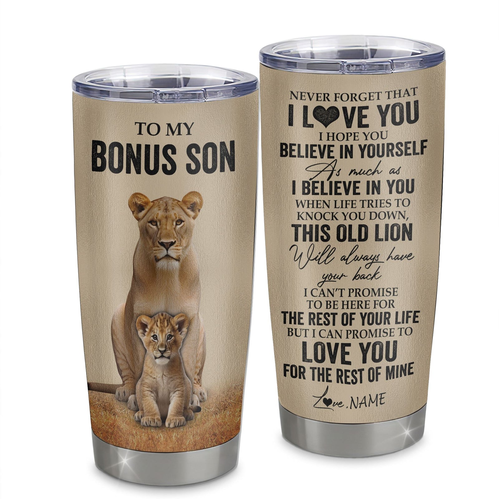 Personalized To My Bonus Son Tumbler From Stepmom Lion Stainless Steel Cup Never Forget That I Love You Stepson Birthday Gifts Graduation Christmas Custom Travel Mug | siriusteestore