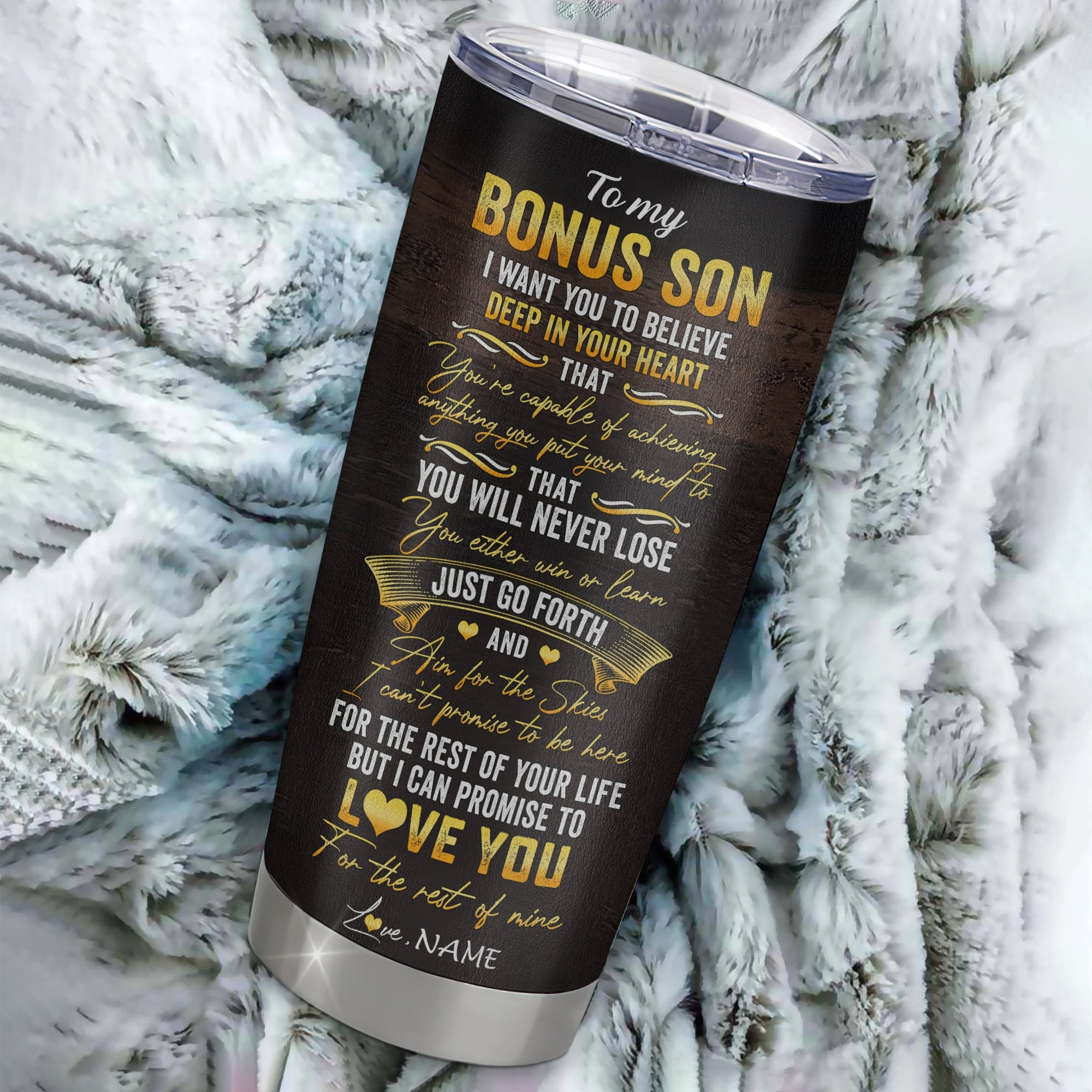 Personalized To My Bonus Son Tumbler From Stepmom Stainless Steel Cup Believe Deep In Your Heart Lion Stepson Birthday Graduation Christmas Travel Mug | siriusteestore
