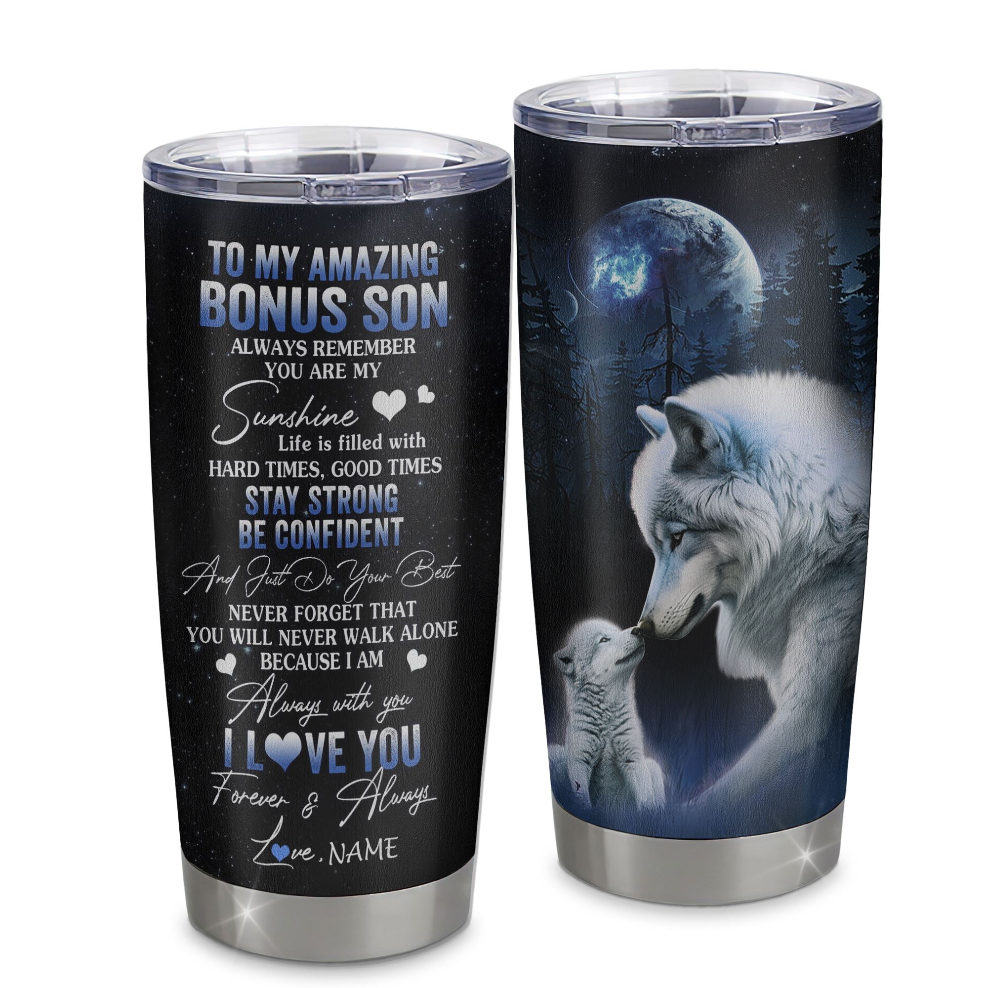 Personalized To My Bonus Son Tumbler From Stepmom Stepdad Stainless Steel Cup Moon Wolf Stepson Birthday Gifts Graduation Christmas Custom Travel Mug | siriusteestore