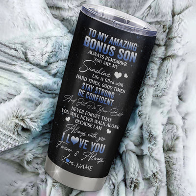 Personalized To My Bonus Son Tumbler From Stepmom Stepdad Stainless Steel Cup Moon Wolf Stepson Birthday Gifts Graduation Christmas Custom Travel Mug | siriusteestore