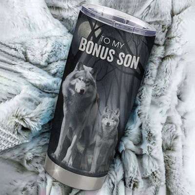 Personalized To My Bonus Son Tumbler From Stepmom Stepdad Stainless Steel Cup Never Feel That You Are Alone Wolf Stepson Birthday Gifts Christmas Custom Travel Mug | siriusteestore