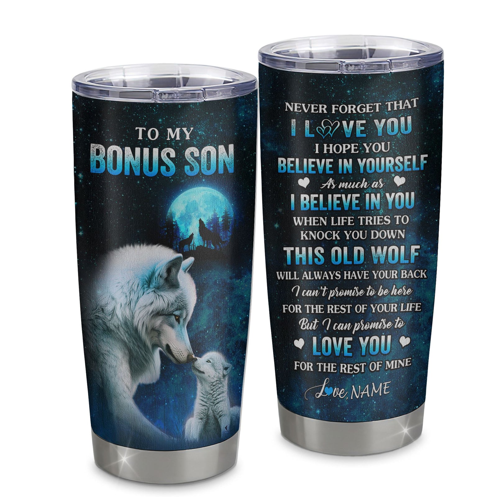 Personalized To My Bonus Son Tumbler From Stepmom Stepdad Stainless Steel Cup This Old Wolf Love Stepson Birthday Gifts Graduation Christmas Custom Travel Mug | siriusteestore