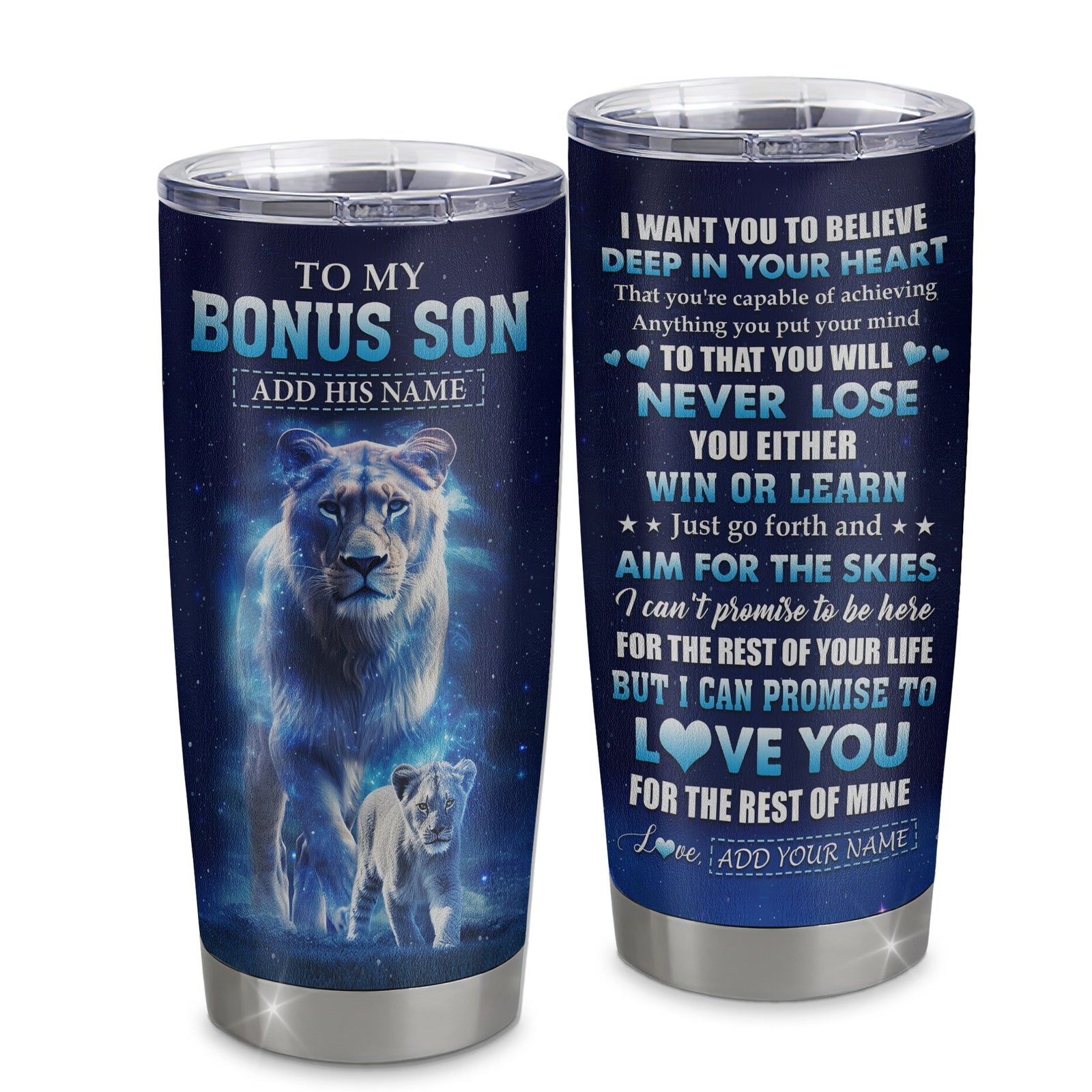 Personalized To My Bonus Son Tumbler From Stepmother Believe Your Heart Stepson Gift Birthday Graduation Christmas Custom Stainless Steel Cup Travel Mug | siriusteestore