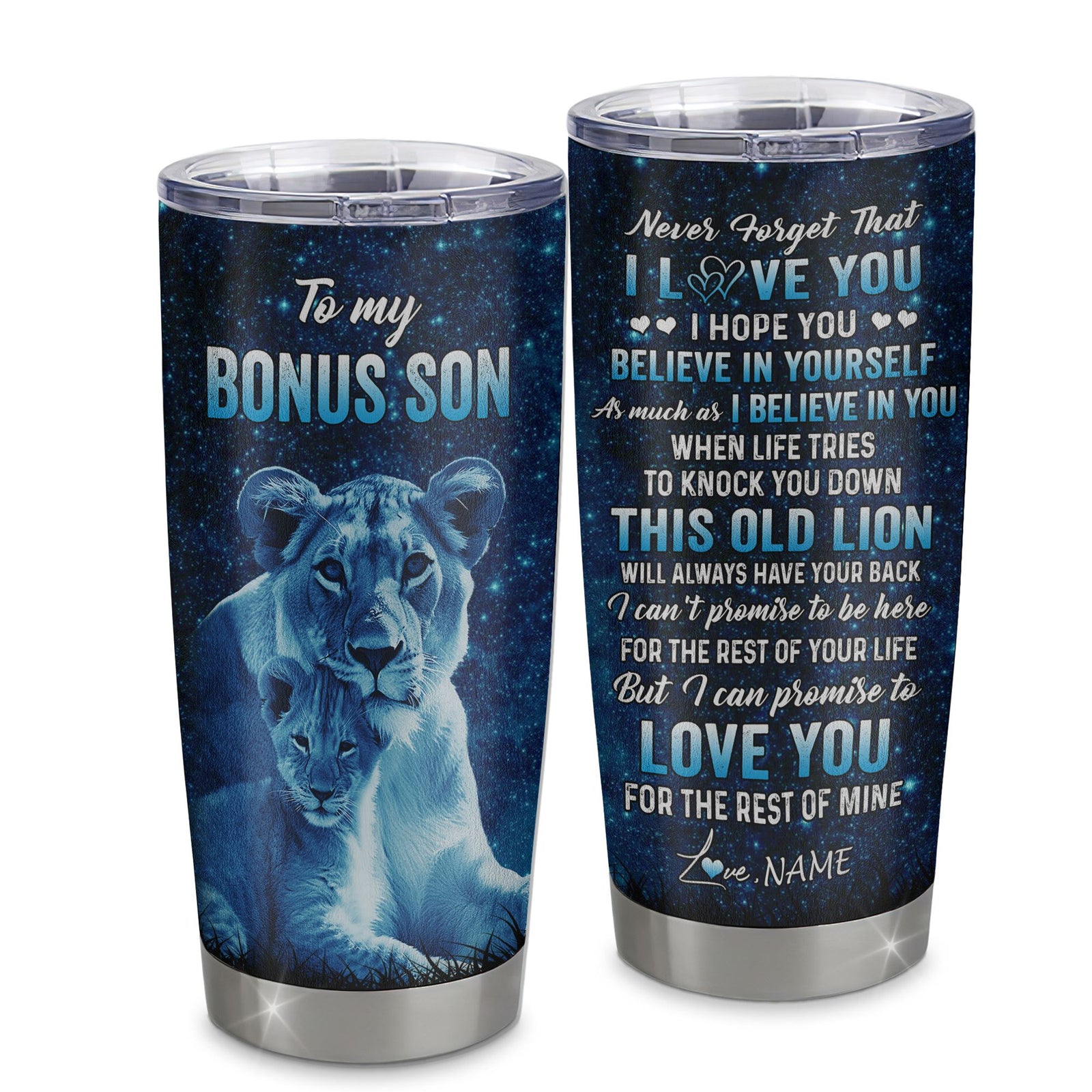 Personalized To My Bonus Son Tumbler From Stepmother Stainless Steel Cup This Old Lion Love You Stepson Birthday Graduation Christmas Custom Travel Mug | siriusteestore