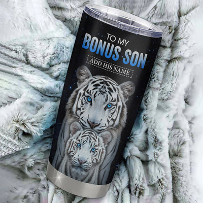 Personalized To My Bonus Son Tumbler From Stepmother Stepdad I Close My Eyes White Tiger Stepson Birthday Gifts Graduation Christmas Custom Travel Mug | siriusteestore
