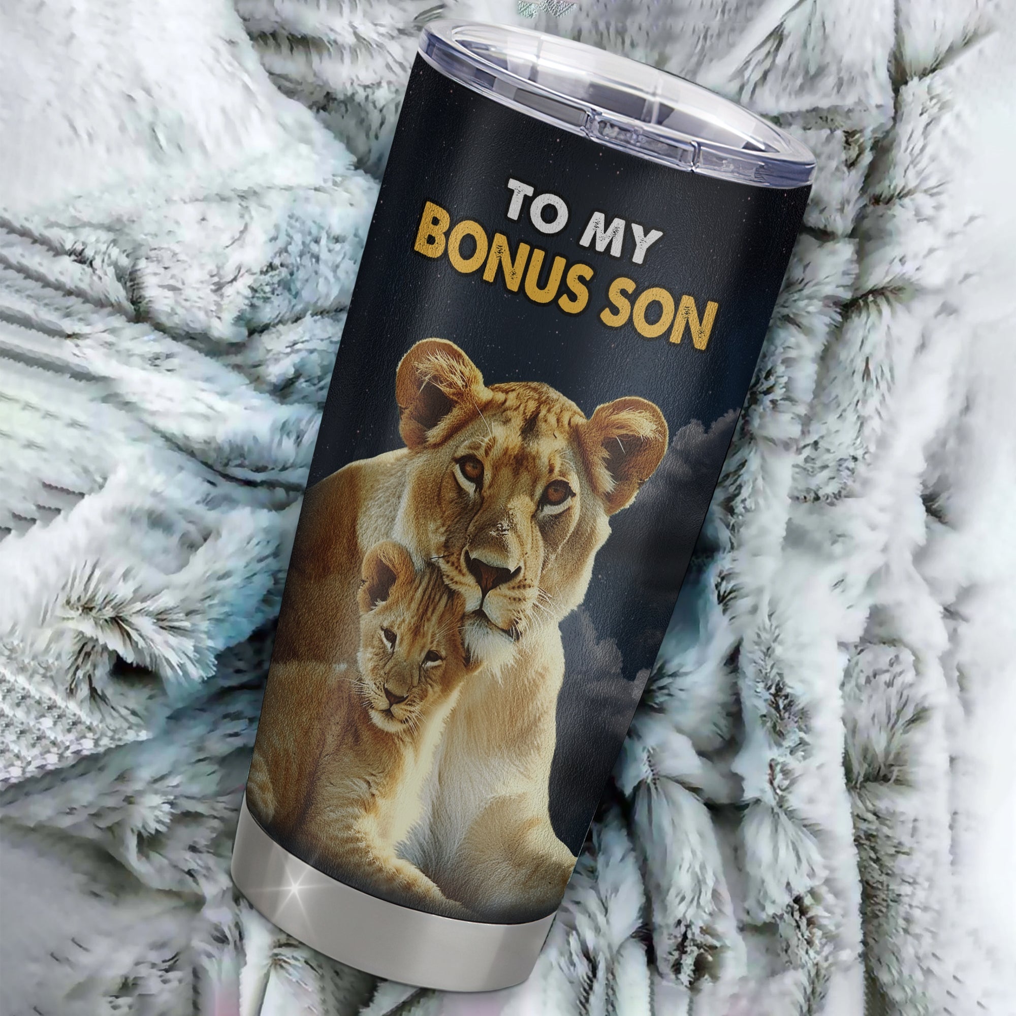 Personalized To My Bonus Son Tumbler From Stepmother Stepfather Stainless Steel Cup Lion Never Give Up Stepson Birthday Graduation Christmas Travel Mug | siriusteestore