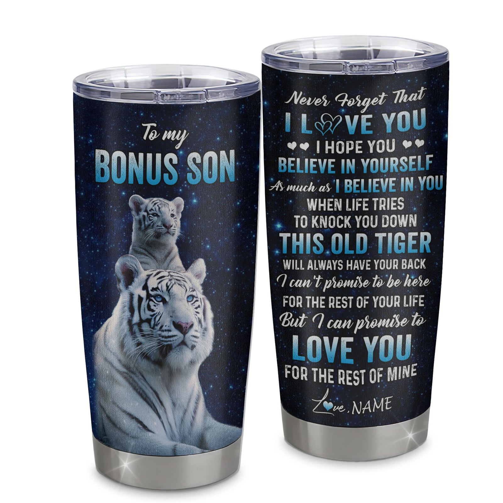 Personalized To My Bonus Son Tumbler Gift From Stepfather Stainless Steel Cup This Old Tiger Love You Stepson Birthday Graduation Christmas Custom Travel Mug | siriusteestore