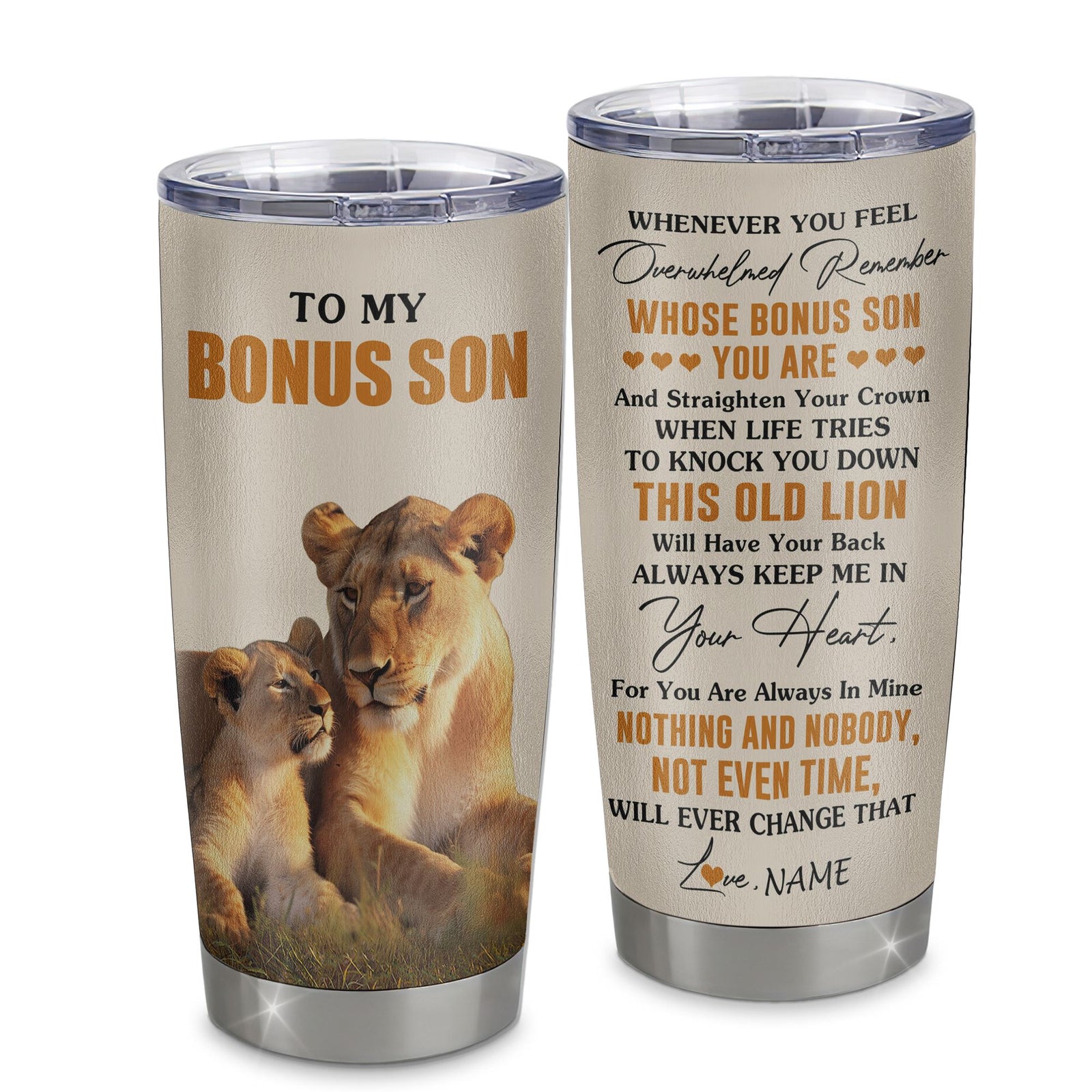 Personalized To My Bonus Son Tumbler Stainless Steel Cup From Stepmom Whenever You Fell Overwhelmed Lion Stepson Birthday Gifts Graduation Christmas Custom Travel Mug | siriusteestore