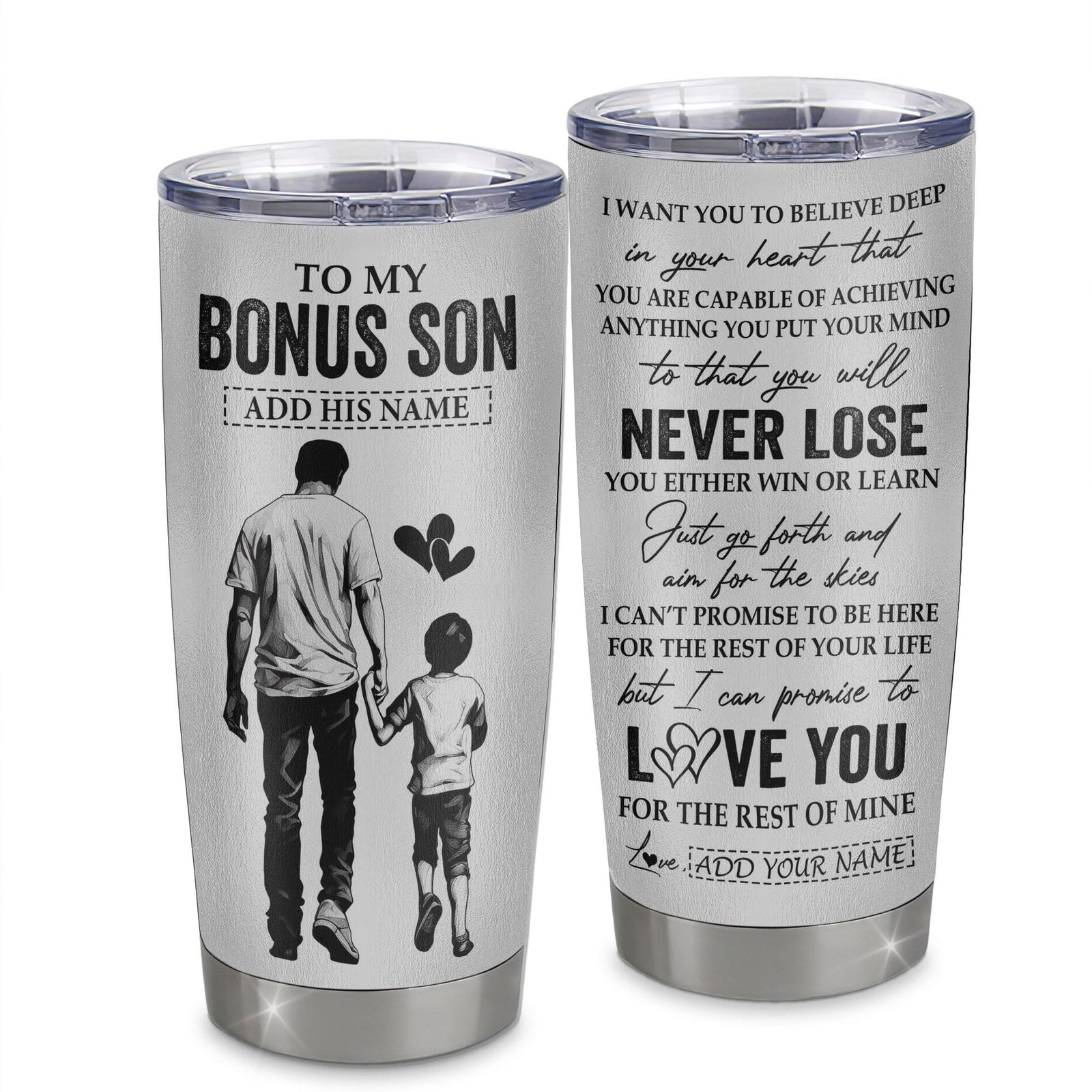 Personalized To My Bonus Son Tumbler You Will Never Lose From Bonus Dad Stepfather Stepson Birthday Gifts Graduation Christmas Custom Stainless Steel Cup Travel Mug | siriusteestore