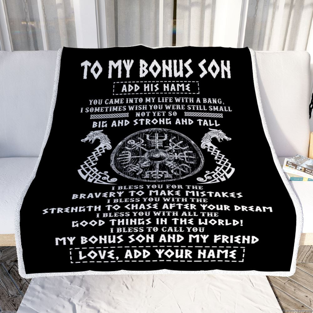 Personalized To My Bonus Son Viking Blanket From Stepdad My Bonus Son And My Friend Scandinavian Stepson Birthday Gifts Christmas Customized Fleece Blanket | siriusteestore