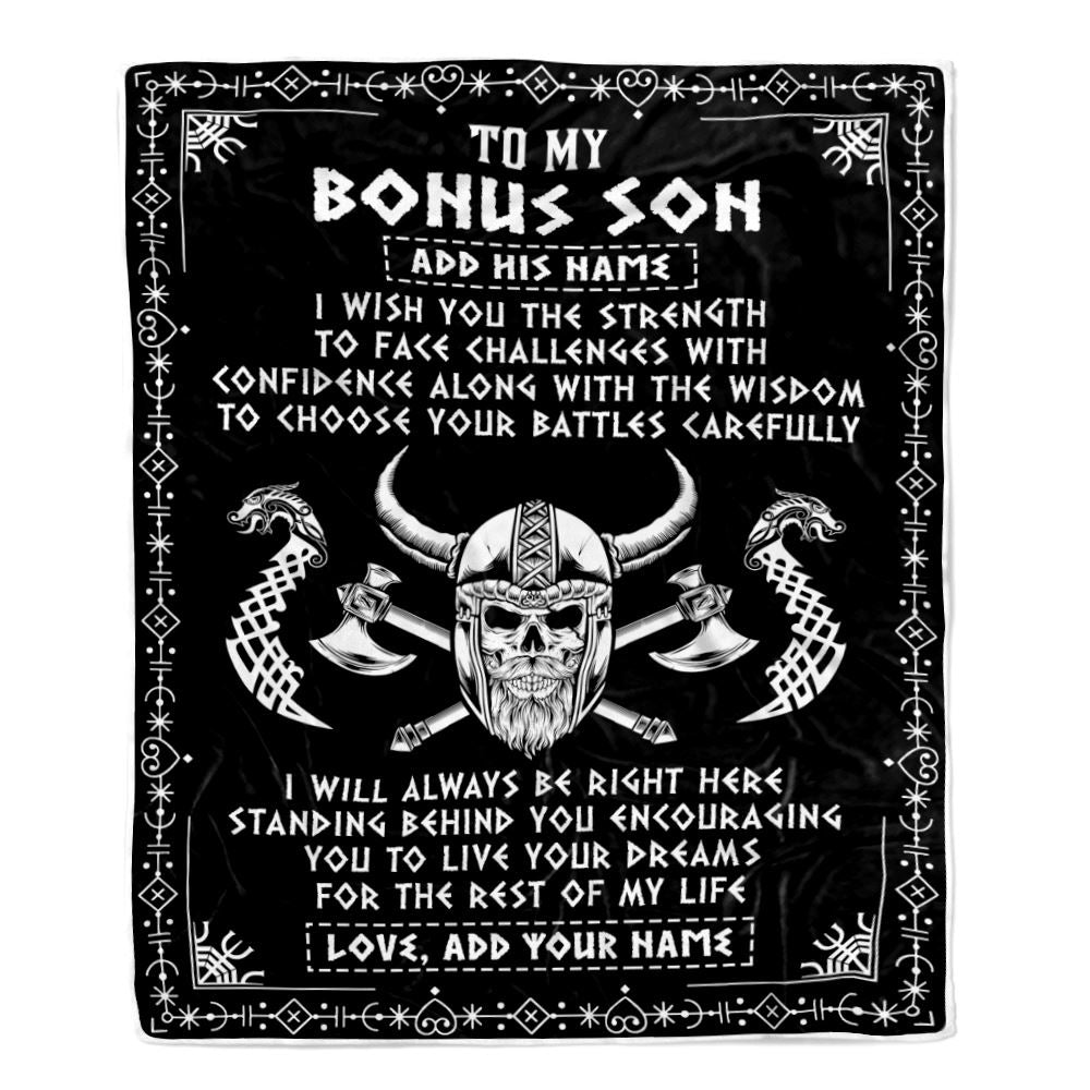 Personalized To My Bonus Son Viking Blanket From Stepmother Stepdad I Wish You The Strength Scandinavian Norse Runes Viking For Men Birthday Fleece Blanket | siriusteestore