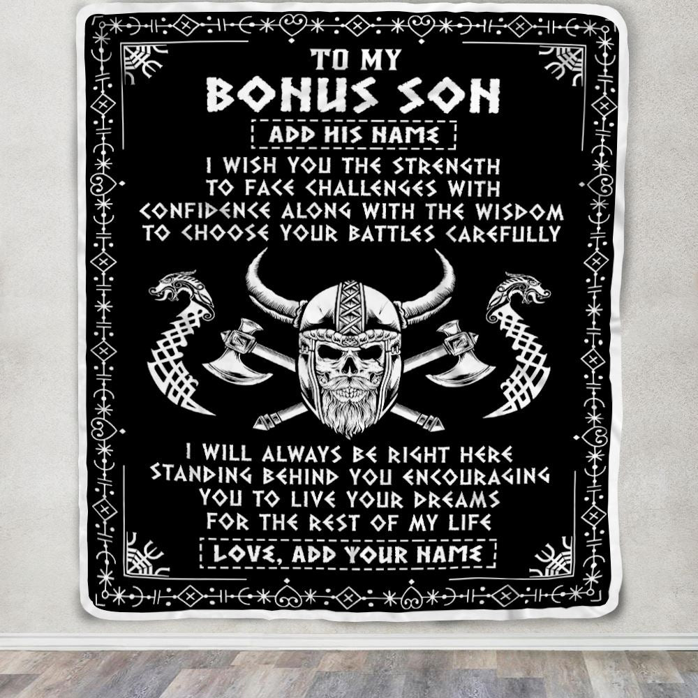 Personalized To My Bonus Son Viking Blanket From Stepmother Stepdad I Wish You The Strength Scandinavian Norse Runes Viking For Men Birthday Fleece Blanket | siriusteestore