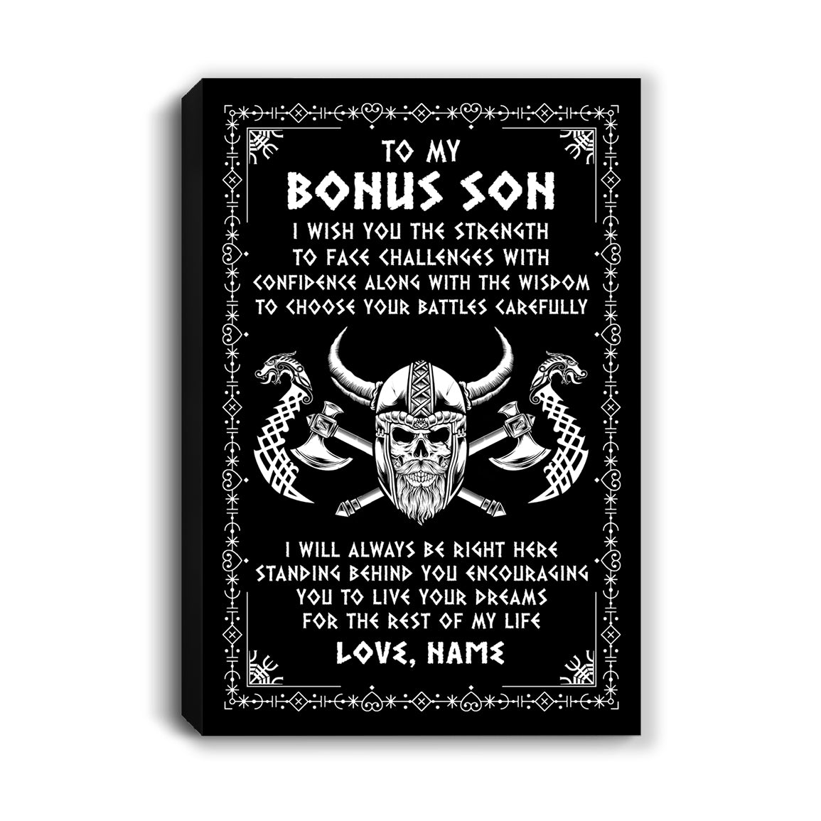 Personalized To My Bonus Son Viking Canvas I Wish You The Strength Scandinavian Norse Runes Viking For Men Birthday Christmas Custom Wall Art Print Framed Canvas | siriusteestore