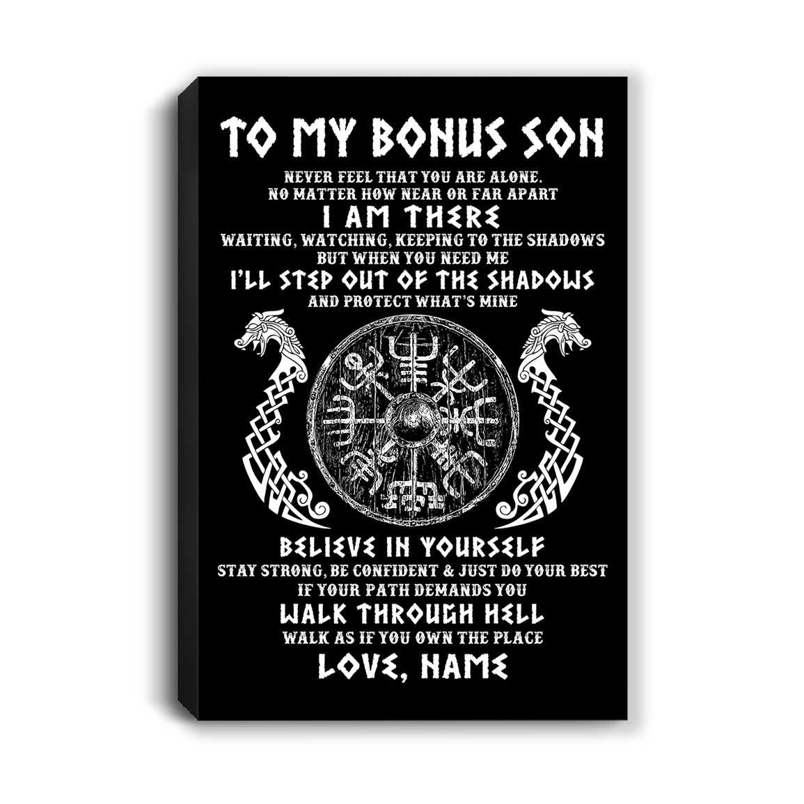 Personalized To My Bonus Son Viking Canvas Never Feel You Are Alone Odin Scandinavian Norse Runes Stepson Birthday Gifts Christmas Custom Wall Art Print Framed Canvas | siriusteestore