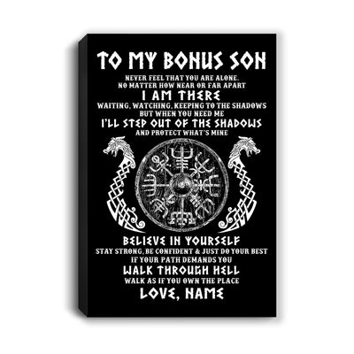 Personalized To My Bonus Son Viking Canvas Never Feel You Are Alone Odin Scandinavian Norse Runes Stepson Birthday Gifts Christmas Custom Wall Art Print Framed Canvas | siriusteestore