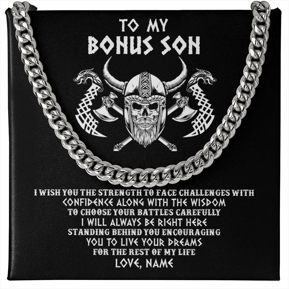 Cuban Link Chain Necklace Stainless Steel | 1 | Personalized To My Bonus Son Viking Necklace I Wish You The Strength Scandinavian Norse Runes Viking Men Birthday Christmas Customized Gift Box Message Card | siriusteestore