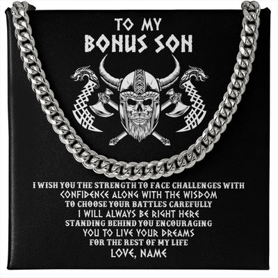 Cuban Link Chain Necklace Stainless Steel | 1 | Personalized To My Bonus Son Viking Necklace I Wish You The Strength Scandinavian Norse Runes Viking Men Birthday Christmas Customized Gift Box Message Card | siriusteestore