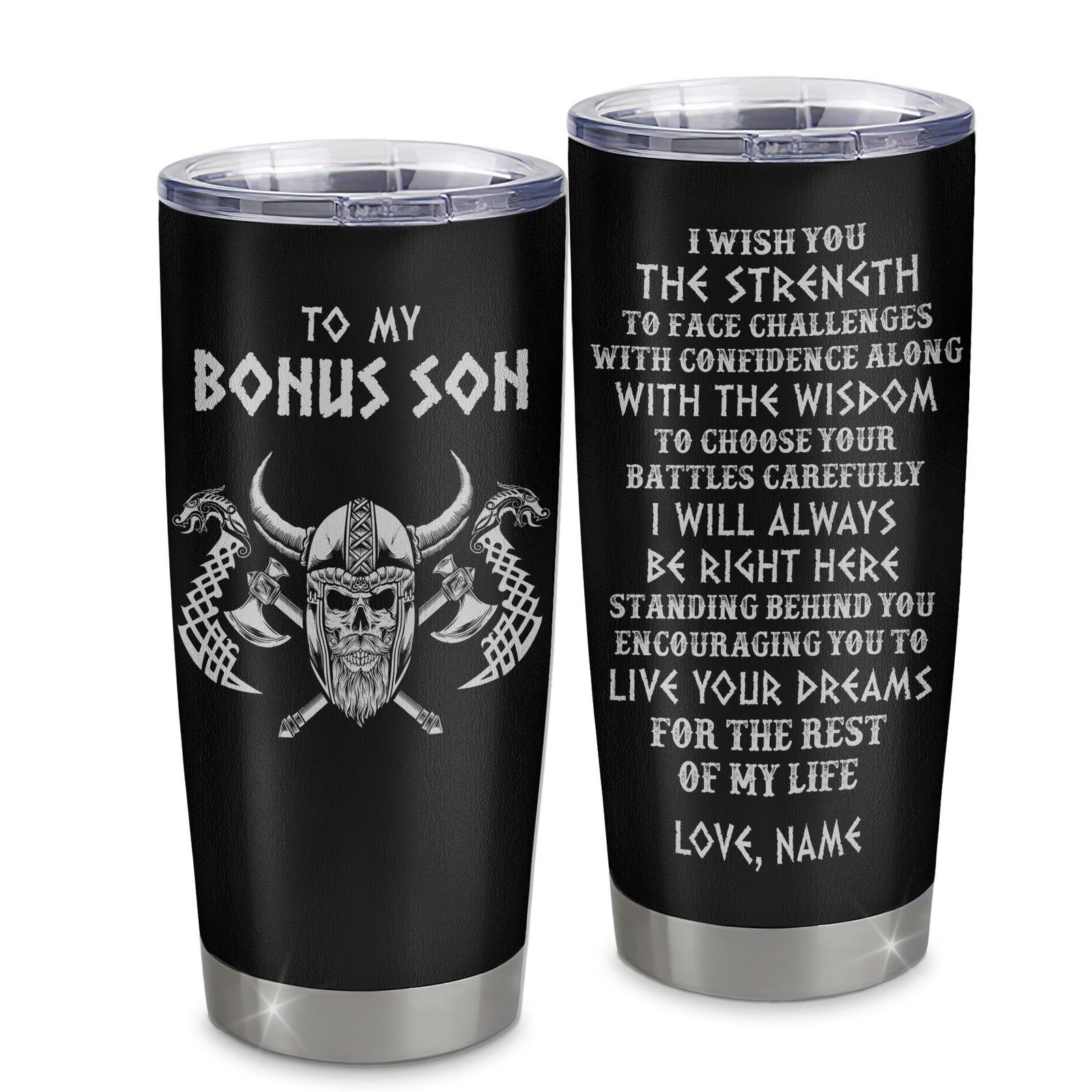 Personalized To My Bonus Son Viking Tumbler From Stepmother Stepdad I Wish You The Strength Scandinavian Norse Runes Viking For Men Birthday Christmas Custom Travel Mug | siriusteestore