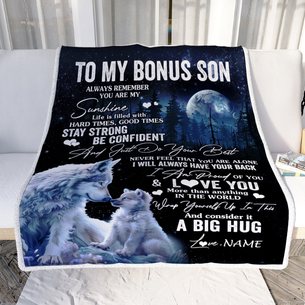 Personalized To My Bonus Son Wolf Blanket From Step Mom Stepdad Always Remember Stepson Birthday Graduation Christmas Customized Bed Fleece Throw Blanket | siriusteestore