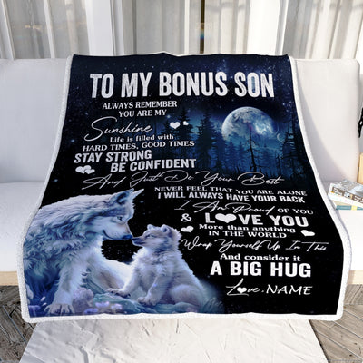 Personalized To My Bonus Son Wolf Blanket From Step Mom Stepdad Always Remember Stepson Birthday Graduation Christmas Customized Bed Fleece Throw Blanket | siriusteestore