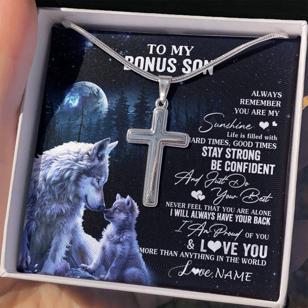 Stainless Cross Necklace Stainless Steel | 2 | Personalized To My Bonus Son Wolf Necklace From Step Mom Stepdad Always Remember Step Son Birthday Graduation Christmas Customized Gift Box Message Card | siriusteestore