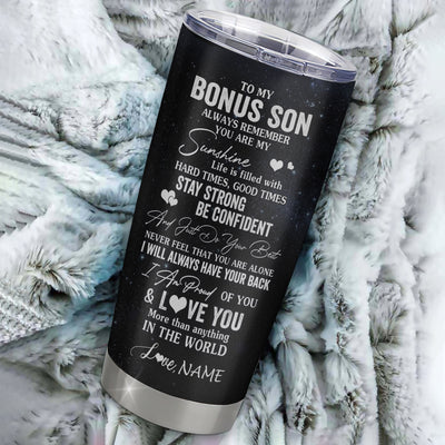 Personalized To My Bonus Son Wolf Tumbler From Step Mom Stainless Steel Cup Always Remember Stepson Birthday Graduation Christmas Travel Mug | siriusteestore