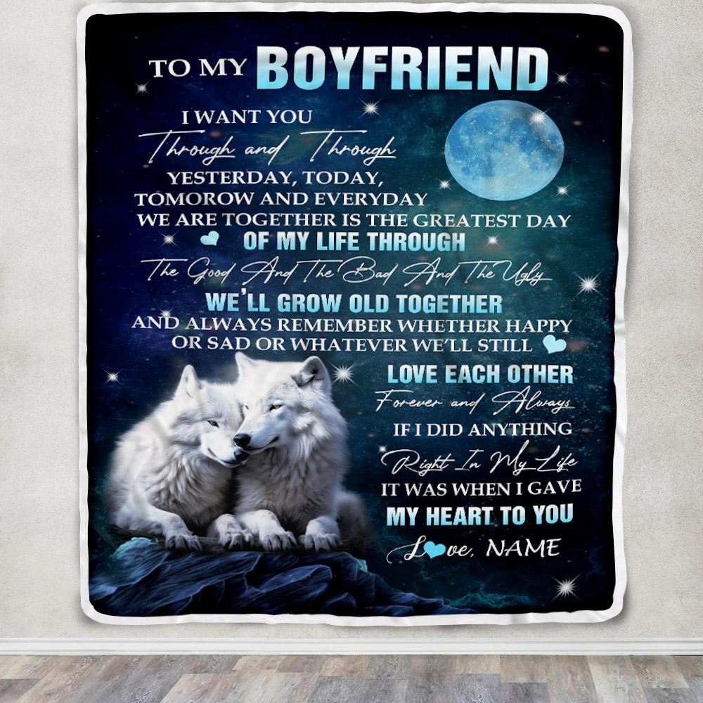 Personalized To My Boyfriend Blanket From Girlfriend I Want You Wolf Boyfriend Birthday Gifts Anniversary Valentines Day Christmas Customized Fleece Blanket | siriusteestore
