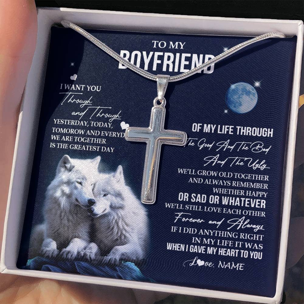 Stainless Cross Necklace Stainless Steel | 2 | Personalized To My Boyfriend Necklace From Girlfriend I Want You Wolf Boyfriend Birthday Anniversary Valentines Day Christmas Customized Gift Box Message Card | siriusteestore