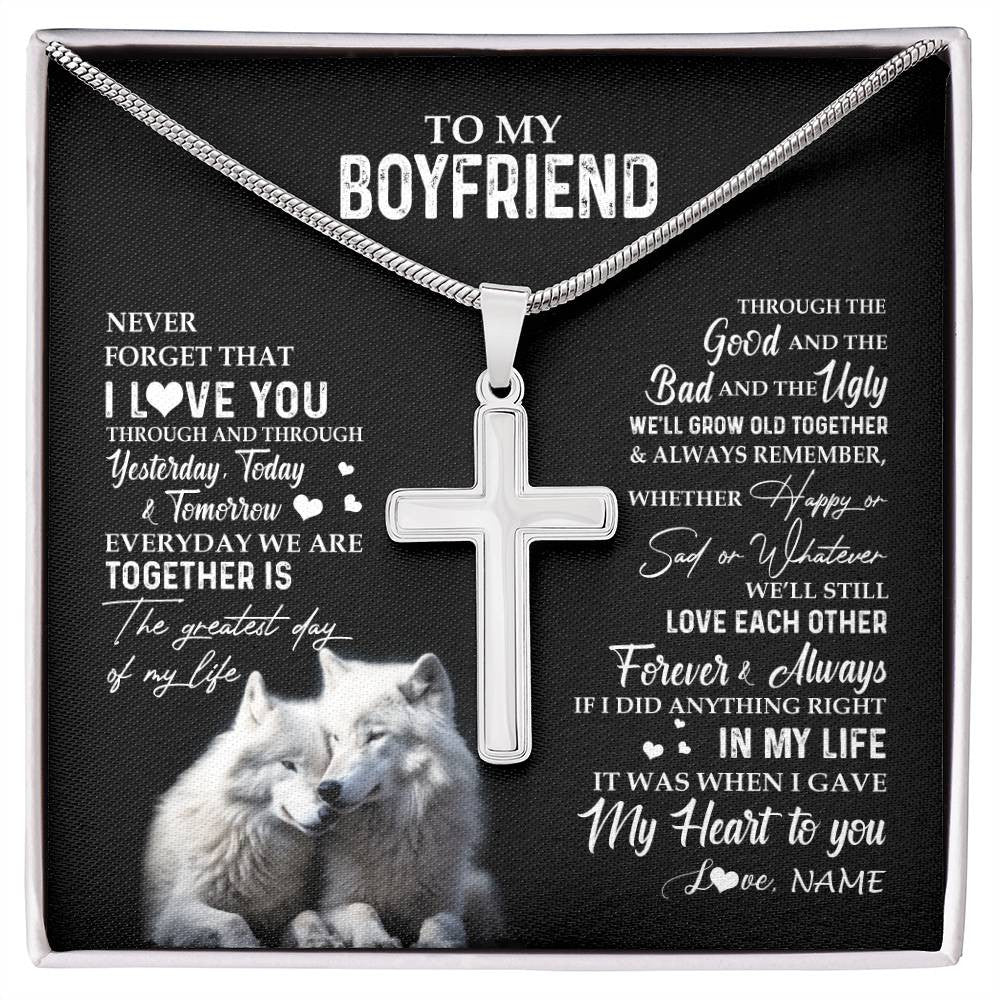 Stainless Cross Necklace Stainless Steel | 1 | Personalized To My Boyfriend Necklace From Girlfriend Wolf Never Forget That I Love You Boyfriend Birthday Christmas Customized Gift Box Message Card | siriusteestore