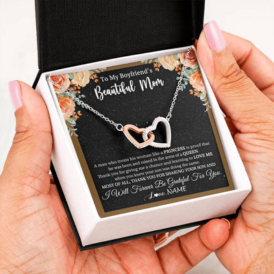 Interlocking Hearts Necklace Stainless Steel & Rose Gold Finish | 2 | Personalized To My Boyfriend's Beautiful Mom Necklace Thank You Future Mother In Law Boyfriends Mothers Day Birthday Christmas Customized Gift Box Message Card | siriusteestore