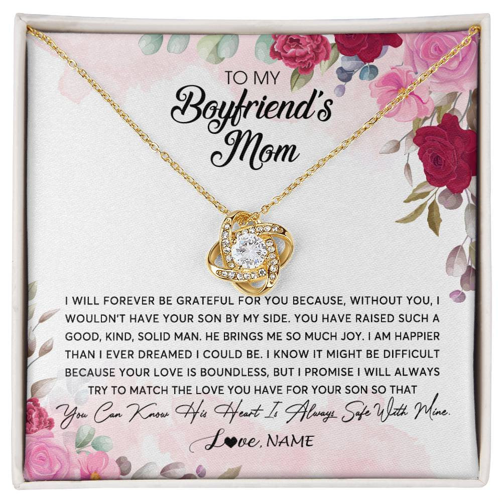 Love Knot Necklace 18K Yellow Gold Finish | Personalized To My Boyfriend's Mom Necklace Flower Forever Be Grateful Boyfriend's Mom Birthday Mother's Day Pendant Jewelry Customized Gift Box Message Card | siriusteestore