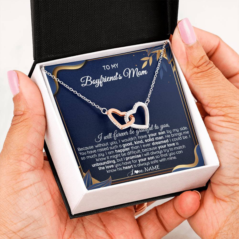Interlocking Hearts Necklace Stainless Steel & Rose Gold Finish | 2 | Personalized To My Boyfriend's Mom Necklace From Daugter Grateful Gifts For Boyfriends Mom Jewelry Birthday Wedding Christmas Customized Gift Box Message Card | siriusteestore