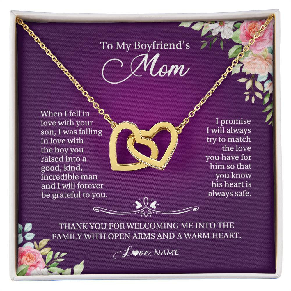 Interlocking Hearts Necklace 18K Yellow Gold Finish | Personalized To My Boyfriend's Mom Necklace I Will Forever Be Grateful To You Boyfriend's Mom Mother's Day Pendant Jewelry Customized Gift Box Message Card | siriusteestore