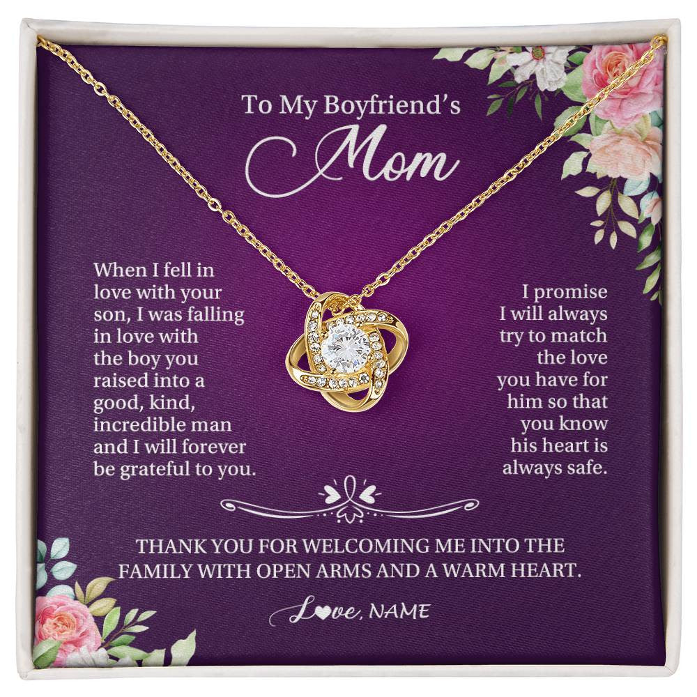 Love Knot Necklace 18K Yellow Gold Finish | Personalized To My Boyfriend's Mom Necklace I Will Forever Be Grateful To You Boyfriend's Mom Mother's Day Pendant Jewelry Customized Gift Box Message Card | siriusteestore