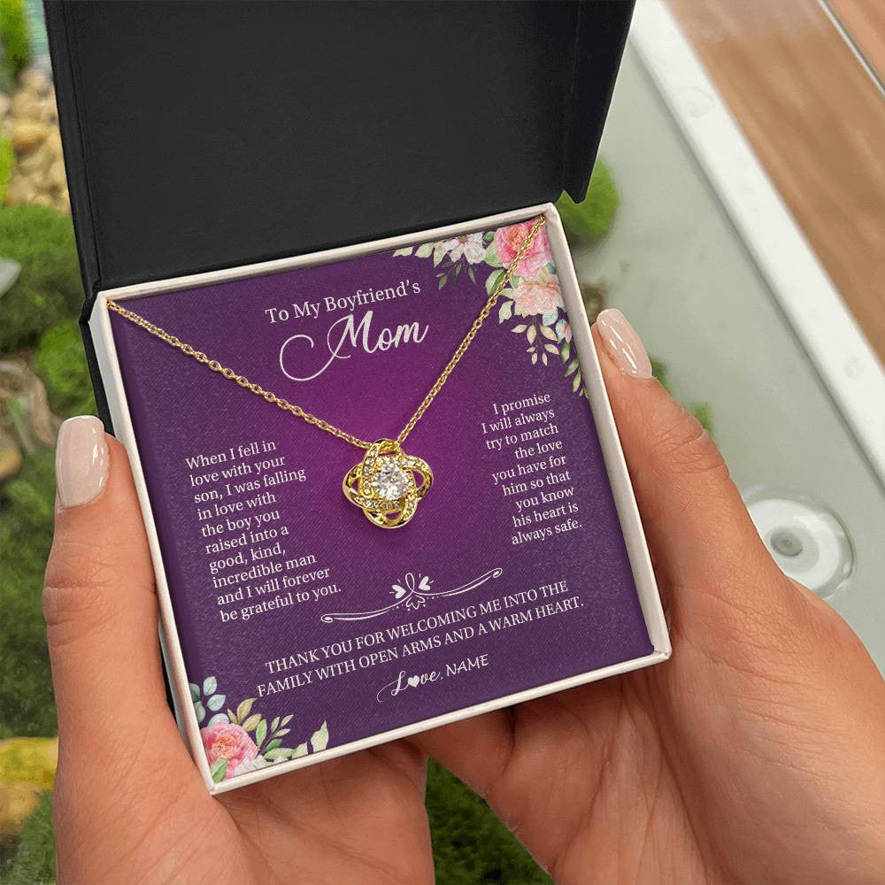 Love Knot Necklace 18K Yellow Gold Finish | Personalized To My Boyfriend's Mom Necklace I Will Forever Be Grateful To You Boyfriend's Mom Mother's Day Pendant Jewelry Customized Gift Box Message Card | siriusteestore