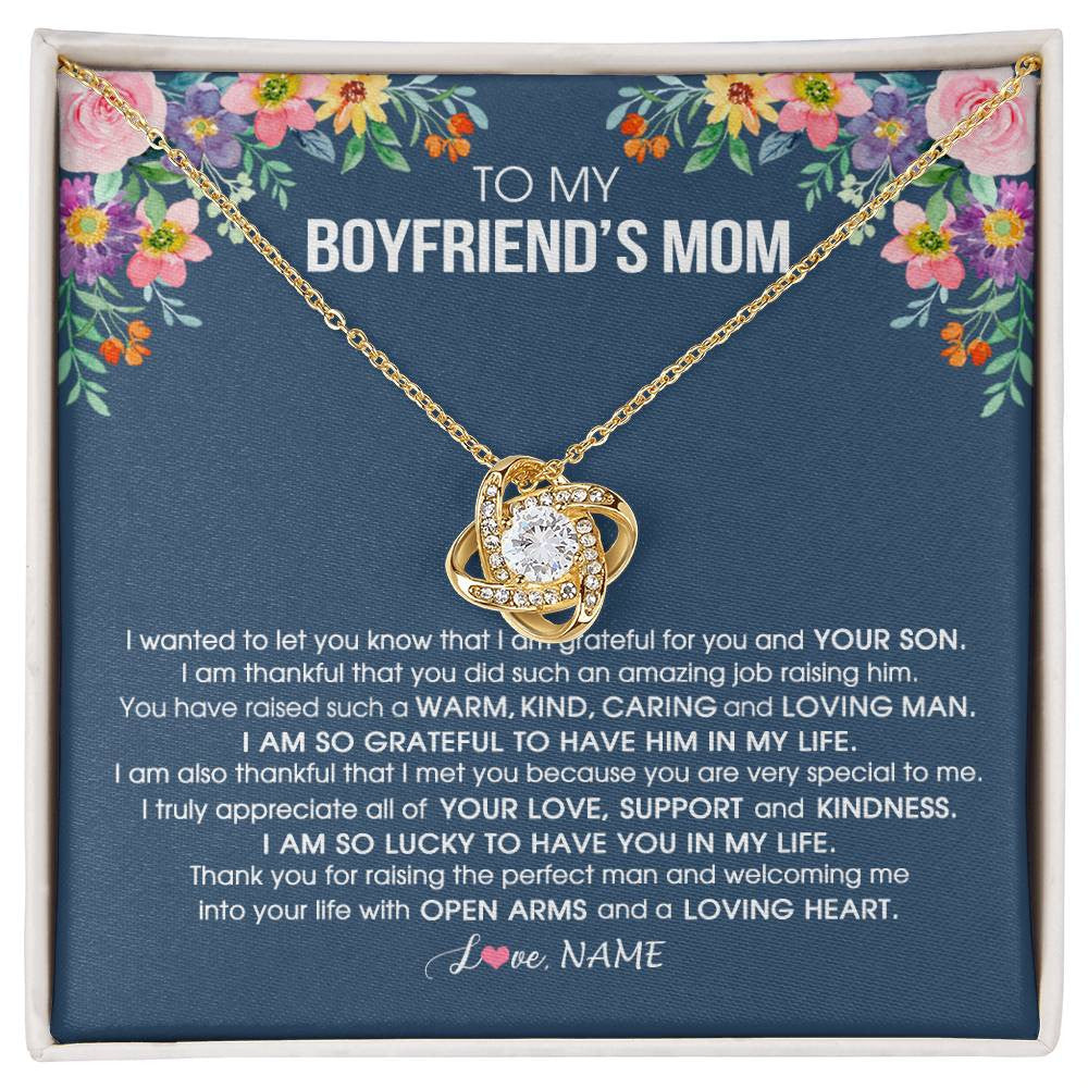 Love Knot Necklace 18K Yellow Gold Finish | Personalized To My Boyfriend's Mom Necklace I am Grateful For You And Your Son Boyfriend's Mom Mother's Day Birthday Jewelry Customized Gift Box Message Card | siriusteestore