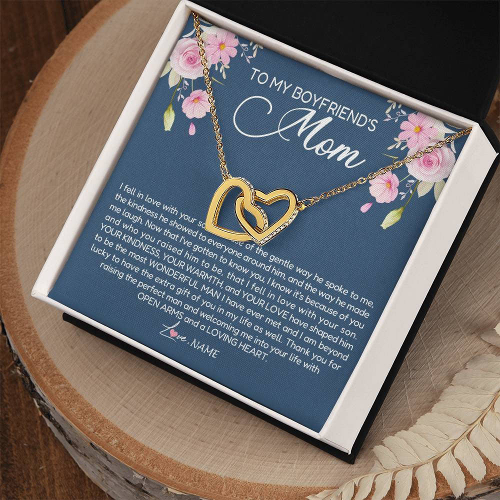 Interlocking Hearts Necklace 18K Yellow Gold Finish | Personalized To My Boyfriend's Mom Necklace Thank You For Raising The Perfect Man Boyfriend's Mom Mother's Day Pendant Jewelry Customized Gift Box Message Card | siriusteestore