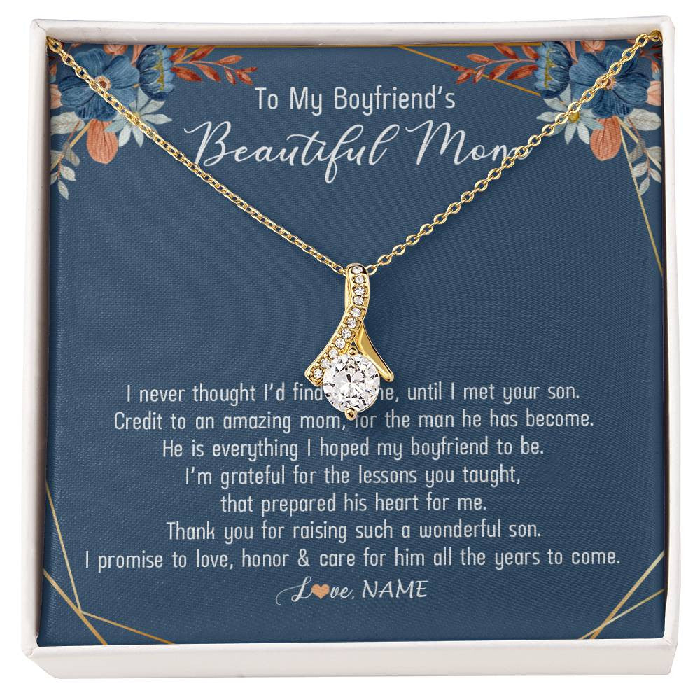 Alluring Beauty Necklace 18K Yellow Gold Finish | Personalized To My Boyfriend's Mom Necklace Thank You For Raising Wonderful Son Boyfriend's Mom Mother's Day Pendant Jewelry Customized Gift Box Message Card | siriusteestore
