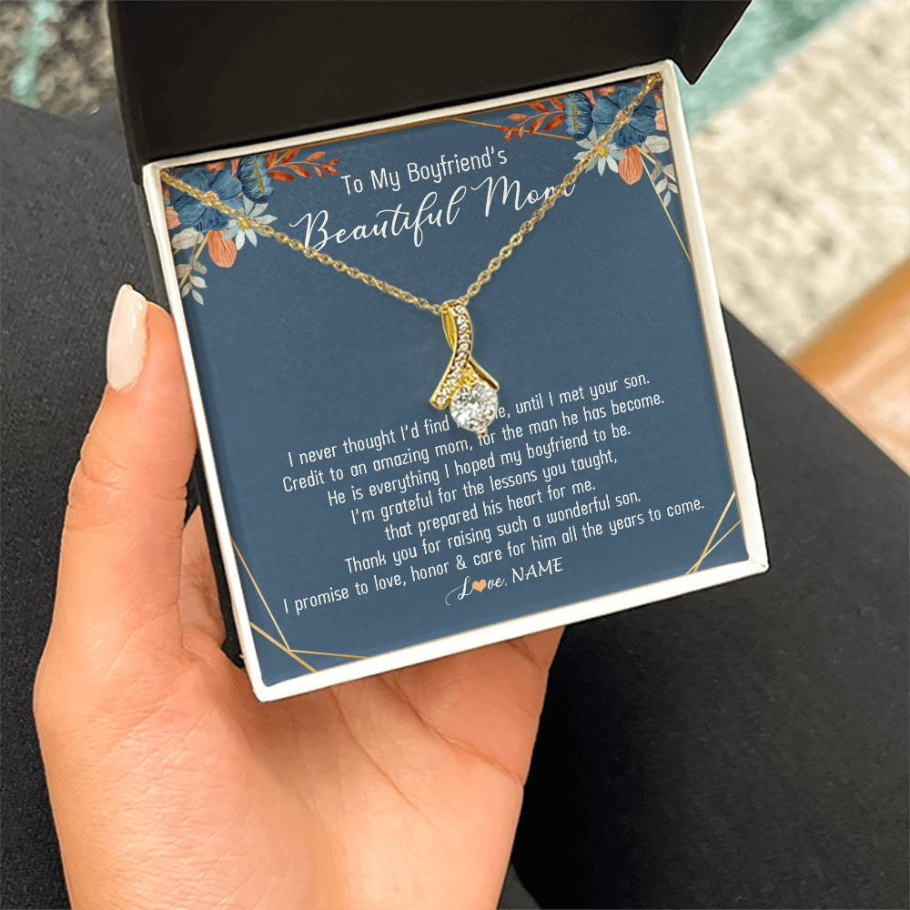 Alluring Beauty Necklace 18K Yellow Gold Finish | Personalized To My Boyfriend's Mom Necklace Thank You For Raising Wonderful Son Boyfriend's Mom Mother's Day Pendant Jewelry Customized Gift Box Message Card | siriusteestore
