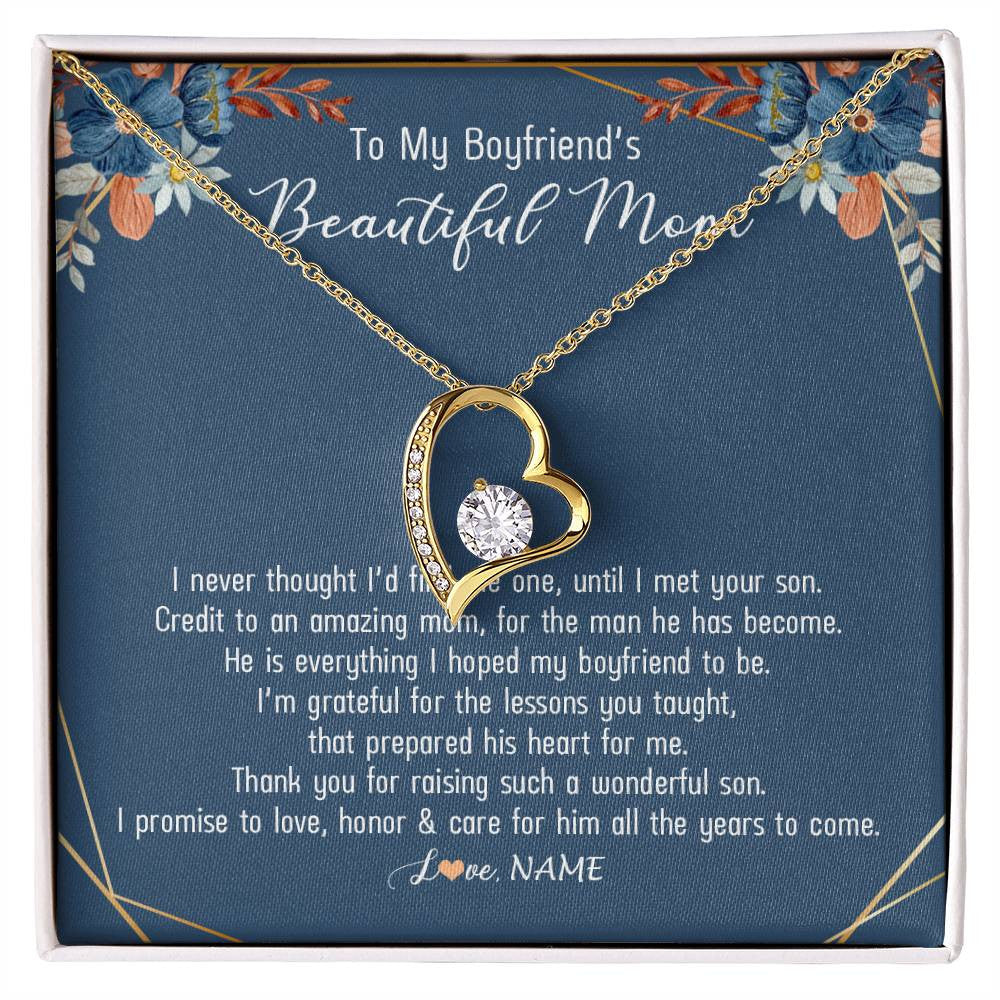 Forever Love Necklace 18K Yellow Gold Finish | Personalized To My Boyfriend's Mom Necklace Thank You For Raising Wonderful Son Boyfriend's Mom Mother's Day Pendant Jewelry Customized Gift Box Message Card | siriusteestore