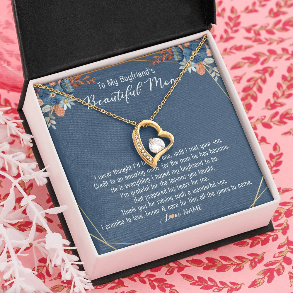 Forever Love Necklace 18K Yellow Gold Finish | Personalized To My Boyfriend's Mom Necklace Thank You For Raising Wonderful Son Boyfriend's Mom Mother's Day Pendant Jewelry Customized Gift Box Message Card | siriusteestore