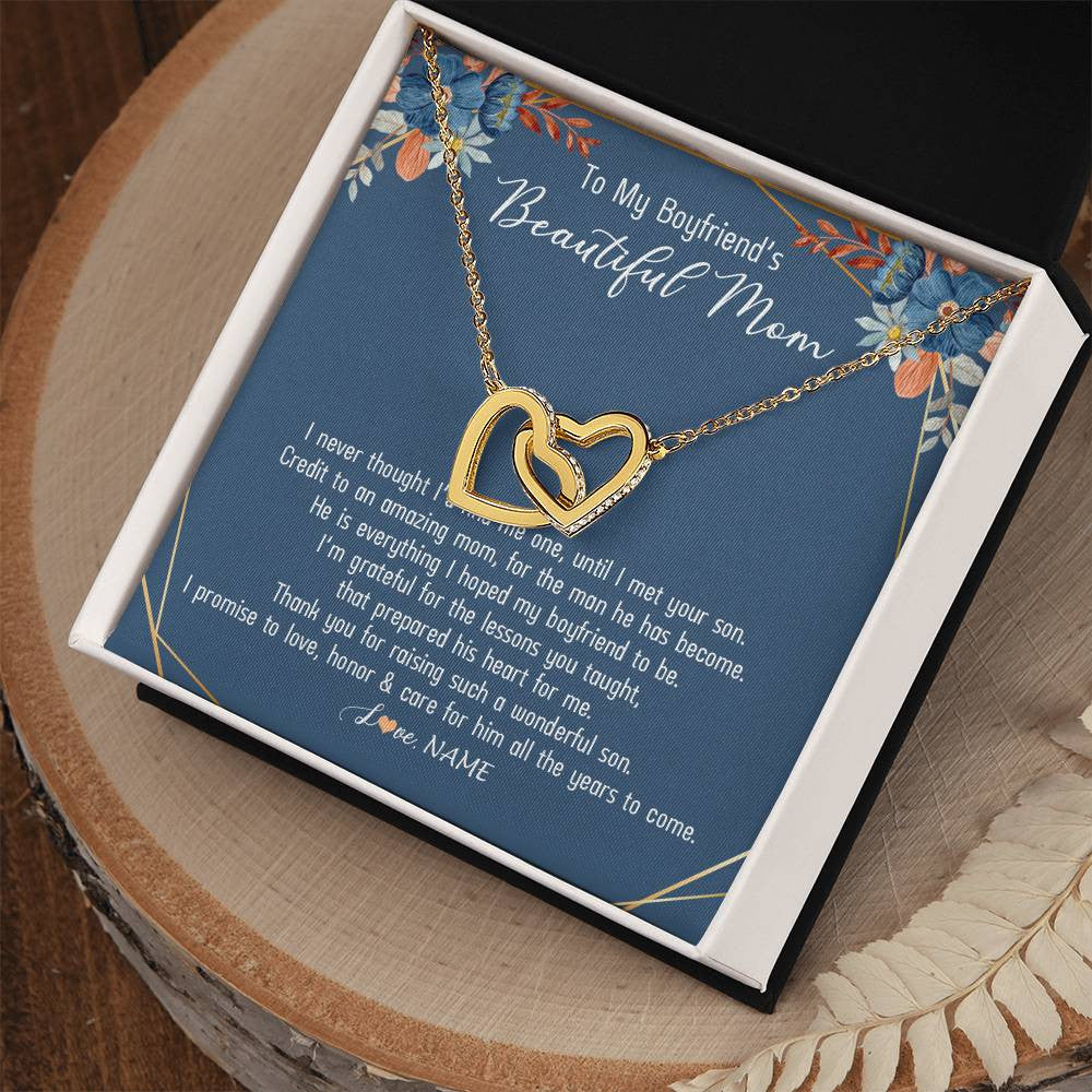Interlocking Hearts Necklace 18K Yellow Gold Finish | Personalized To My Boyfriend's Mom Necklace Thank You For Raising Wonderful Son Boyfriend's Mom Mother's Day Pendant Jewelry Customized Gift Box Message Card | siriusteestore