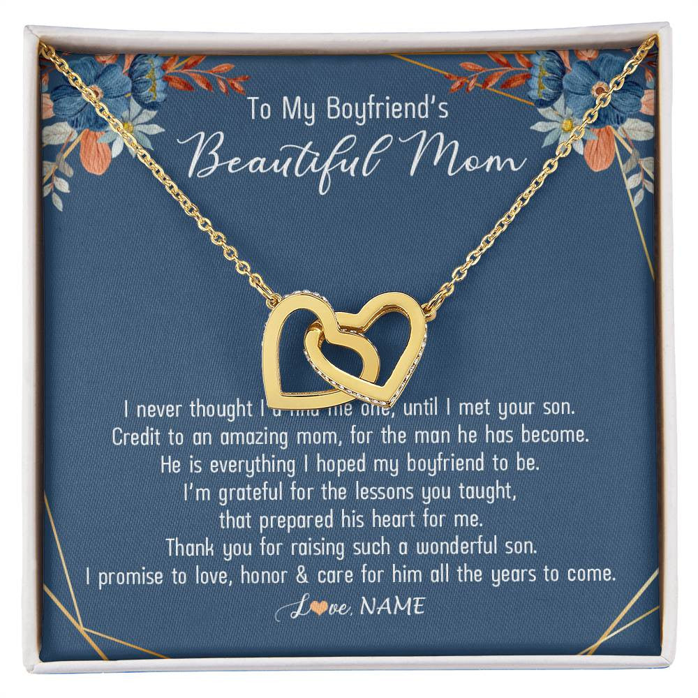 Interlocking Hearts Necklace 18K Yellow Gold Finish | Personalized To My Boyfriend's Mom Necklace Thank You For Raising Wonderful Son Boyfriend's Mom Mother's Day Pendant Jewelry Customized Gift Box Message Card | siriusteestore