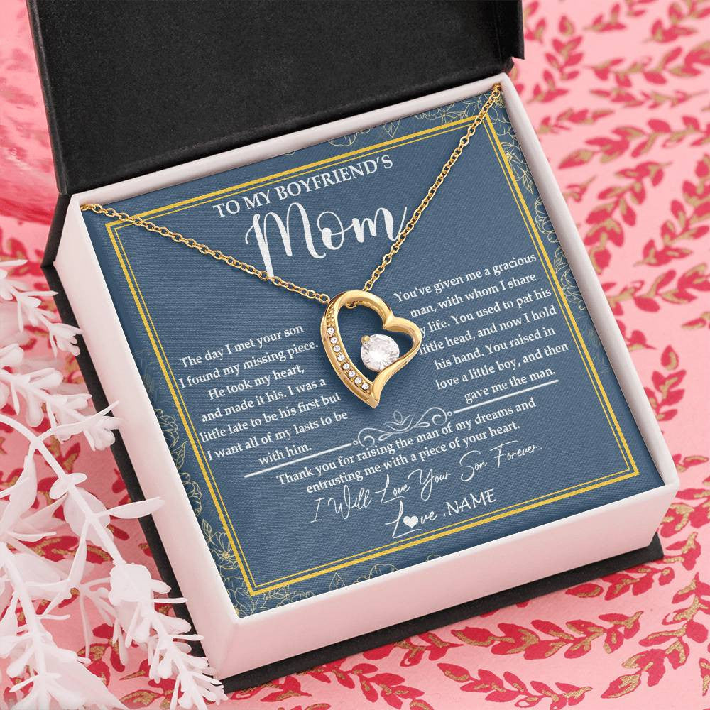 Forever Love Necklace 18K Yellow Gold Finish | Personalized To My Boyfriend's Mom Necklace Thank You For Rasing The Man Boyfriends Mom Mother's Day Birthday Pendant Jewelry Customized Gift Box Message Card | siriusteestore