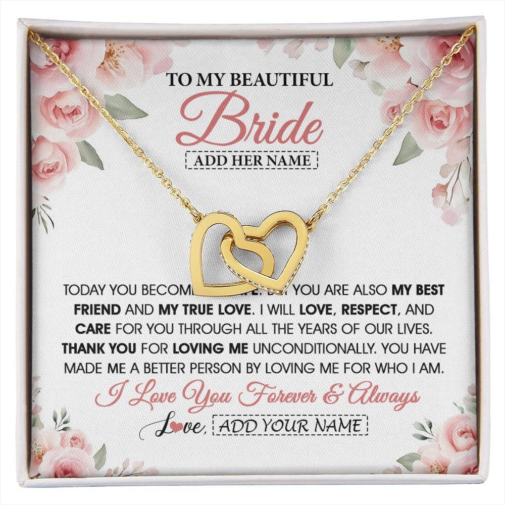 Interlocking Hearts Necklace 18K Yellow Gold Finish | 1 | Personalized To My Bride Necklace Gift From Groom Wedding Day My True Love Romantic Groom To Bride Jewelry Gifts Meaningful Custom Gift Box Message Card | https://siriusteestore.