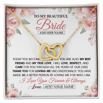 Interlocking Hearts Necklace 18K Yellow Gold Finish | 1 | Personalized To My Bride Necklace Gift From Groom Wedding Day My True Love Romantic Groom To Bride Jewelry Gifts Meaningful Custom Gift Box Message Card | https://siriusteestore.