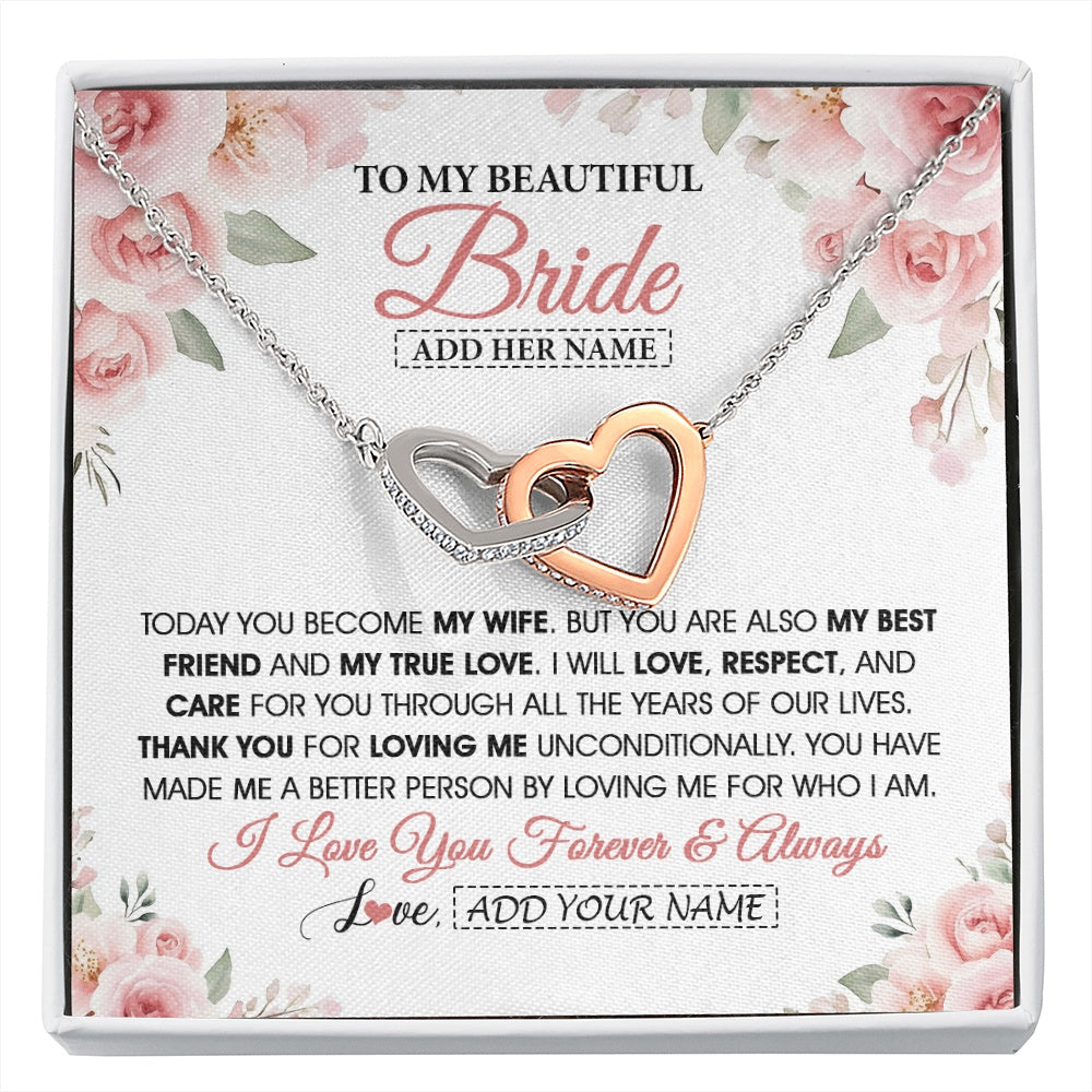 Interlocking Hearts Necklace Stainless Steel & Rose Gold Finish | 1 | Personalized To My Bride Necklace Gift From Groom Wedding Day My True Love Romantic Groom To Bride Jewelry Gifts Meaningful Custom Gift Box Message Card | https://siriusteestore.