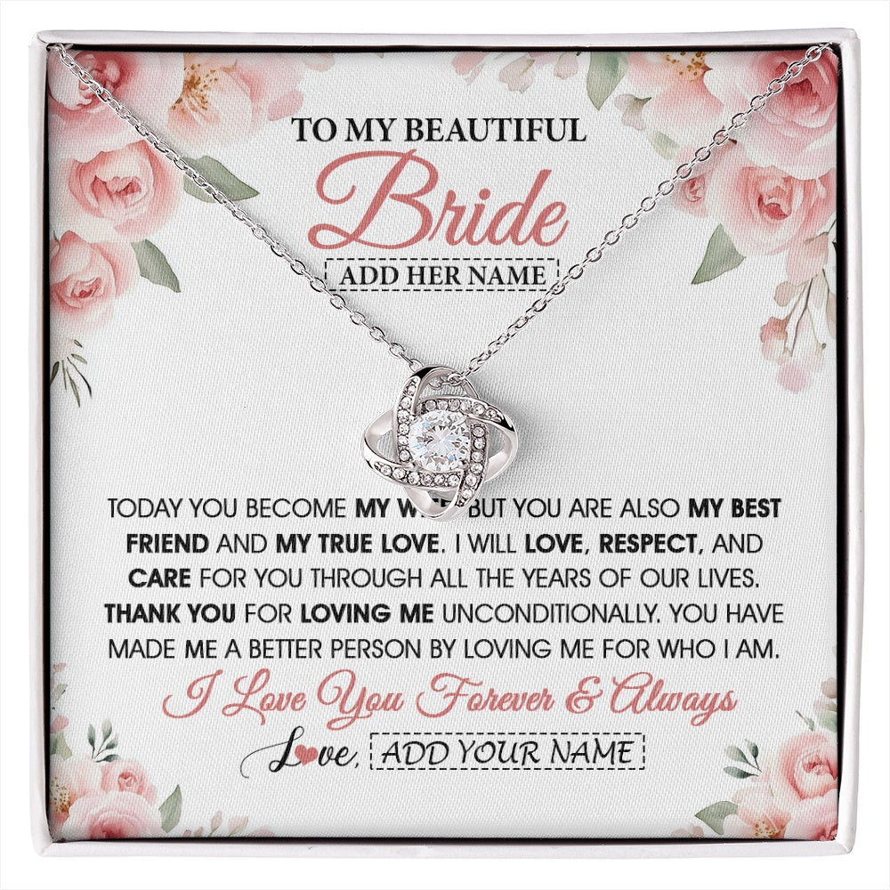 Love Knot Necklace 14K White Gold Finish | 1 | Personalized To My Bride Necklace Gift From Groom Wedding Day My True Love Romantic Groom To Bride Jewelry Gifts Meaningful Custom Gift Box Message Card | https://siriusteestore.