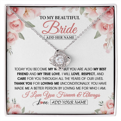 Love Knot Necklace 14K White Gold Finish | 1 | Personalized To My Bride Necklace Gift From Groom Wedding Day My True Love Romantic Groom To Bride Jewelry Gifts Meaningful Custom Gift Box Message Card | https://siriusteestore.